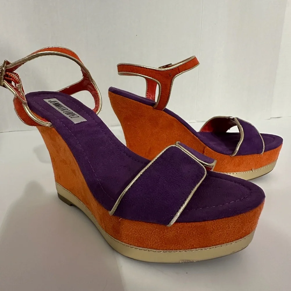 Jennifer Lopez Purple Orange Suede Platform Wedge Sandals Gold Trim Size 6.5